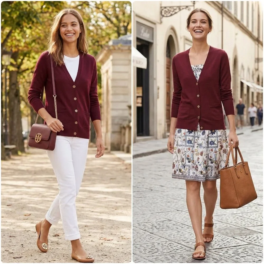 NWT Tory Burch Madeline 100% Merino Wool Cardigan Garnet Red‎ Logo Button XS